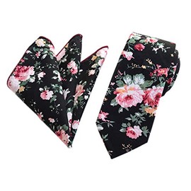 Secdtie Men's Skinny Handkerchief Tie Cotton Floral Necktie & Pocket Square Set, Black Peony, One Size