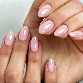 SXVME Uñas postizas cortas ovaladas de color rosa claro cromado, 32 piezas de uñas postizas gruesas y bonitas con acabado brillante y diseño de espejo