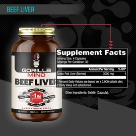 Gorilla Mind Grass-Fed Argentinian Beef Liver - Nature’s Multivitamin/Beef Liver Supplement - 120 Capsules (30 Servings)