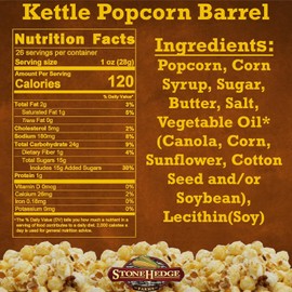 Stonehedge Farms Kettle Corn Crunch Popcorn Barrel - 2 Pack - 26 Ounces Each - Reclosable Container - Made in USA - Gluten Free