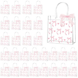 QOUBAI 36Pcs Pink Bow Clear PVC Gift Bags With Handles Ribbon Bowknot Bulk Coquette Bow Goodie Treat Candy Bag Bows Theme Present Wrap Tote Bags for Birthday Party Favor Baby Shower Decoration Supply
