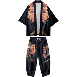 DOSLAVIDA Men's Japanese Kimono Cardigan Suit Chinese Style Printed Jacket Pants Set Open Front Seven Sleeve Top & Shorts