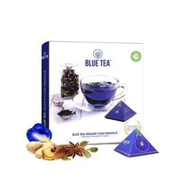 BLUE TEA - Indian Chai Masala - 12 Count - Pyramid Plant Based Tea Bag | Butterfly Pea Flower | Flower & Indian Spices Based | Caffeine Free - Detox Tea - Herbal Tea - Non Bitter | Gifts Box