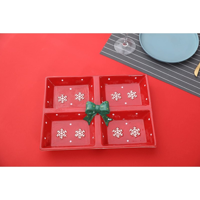 Festive Red Snowflake Christmas Themed Winter Holiday Ceramic 4-Section Server