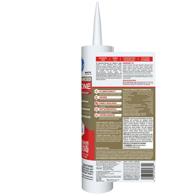 GE Advanced Silicone Caulk for Kitchen & Bathroom, White, 10