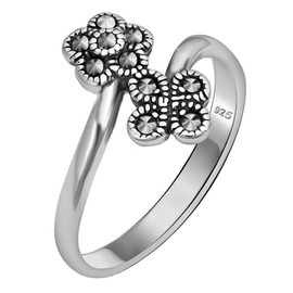 Alpha Rock Genuine Solid 925 Sterling Silver Marcasite Women's Moon and Star Oxidized Stacking Band Ring, Sterling Silver, simulated marcasite