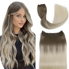 Sindra Invisible Wire Hair Extensions Ombre Blonde Human Hair Wire Extensions Light Brown to Platinum Blonde Ombre Hair Extensions With Adjustable Clips One Piece Hair Extensions 85g Wire20#8T60