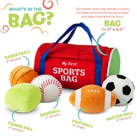 Kidaddle Baby's First Sports Bag - Large, Plush Sensory Balls with Travel Bag, Toddler Sports Bag with Rattling Football, Squeaky Soccer Ball, Crinkle Baseball Toy and More!