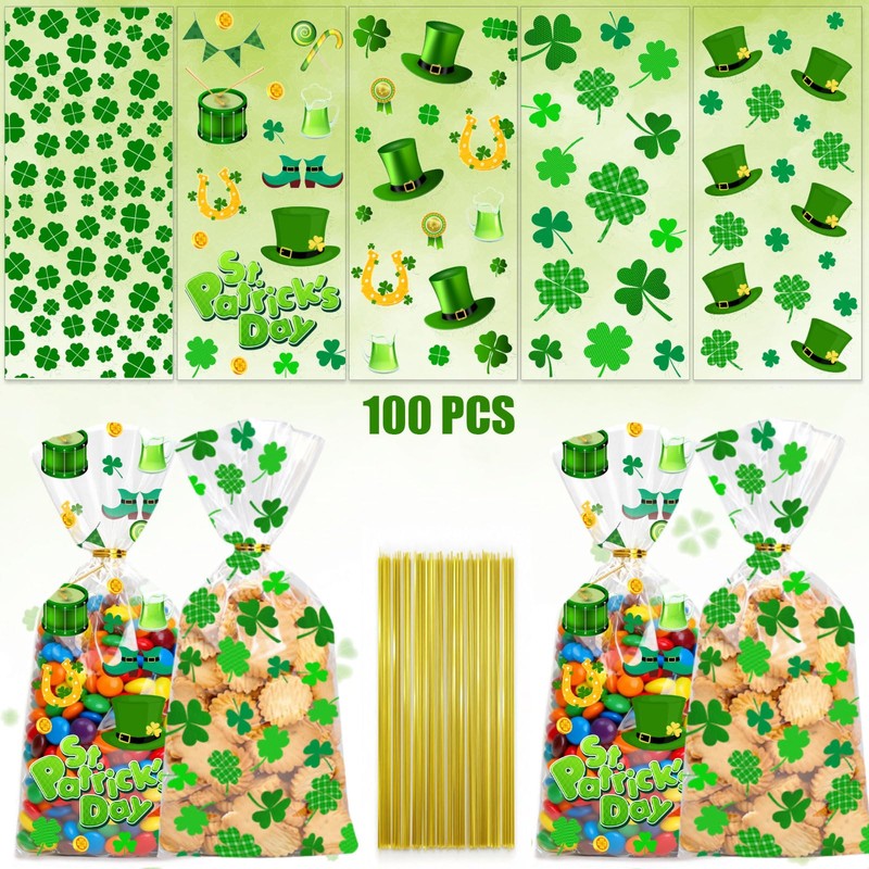 100PCS St. Patrick's Day Cellophane Treat Bags Party Favors with