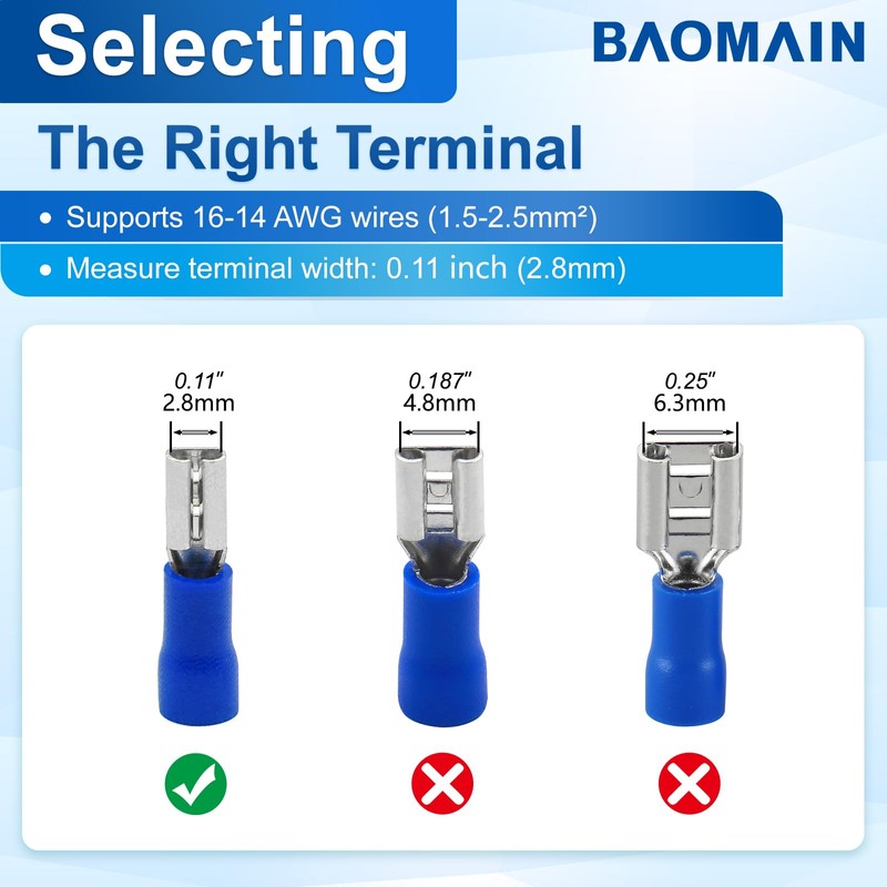 Baomain 100-Pack 0.11" Female Quick Disconnect Spade Terminals, 16-14 AWG