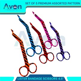 Avon Surgical Set of 5 Lister Bandage Scissors 4.5in, Multi-Color, Zebra Pattern-German Steel