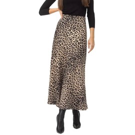 RSBFK Women's Satin Leopard Print Silky High Waist Maxi Skirt Elastic Waistband A Line Long Skirts, Beige, Small