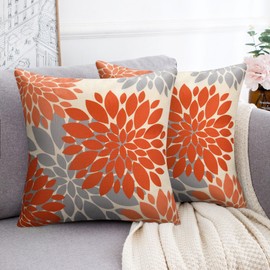 Linen Cushion Cover, 40 x 40 cm, Dahlia Geometric Orange and Grey Sofa Cushion Covers, Decorative Cushion, Couch Cushion for Couch, Outdoor Bench, Bed, Living Room, Christmas, Set of 2