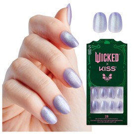 WICKED X KISS Press On Nails, ‘Ozdust’, Light Purple, Short Oval, Waterproof, Chip Proof, Smudge Proof, 28 Fake Nails, Pink Gel Nail Glue (2g), Mini Nail File, & Manicure Stick