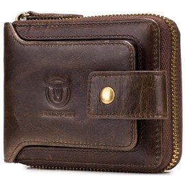 BULLCAPTAIN Genuine Leather Men Wallet with ID Window RFID Blocking Zipper Bifold Wallets Multi Card Holder Zip Coin Purse (Brown)