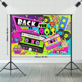 90s Party Decoration, Back to the 90s Backdrop Banner with Hanging Rope, 210 x 150 cm Hip Hop Graffiti Photography Background Wall Table Birthday Party Decoration Supplies