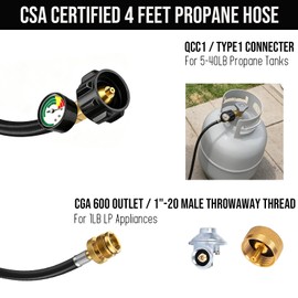 4 Feet Propane Hose Adapter 1lb to 20lb with Gauge, for 5-40lb Propane Tanks, Propane Tank Adapter Hose Converter fit for Weber Q Grill/Traveler / Coleman Stove/Blackstone 17/22" Griddle/Buddy Heater