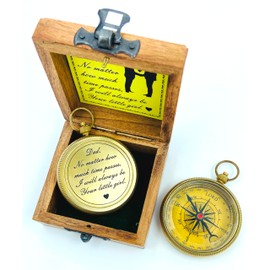 MADSNIIB Engraved Compass with Wooden Box, Compass for Hiking and Touring, Vintage Handmade Compass for Dad, Antique Brass Compass for Hiking, Touring, Boating, Camping