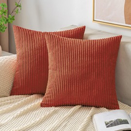 EMEMA Cushion Covers Corduroy Square Throw Pillow Covers Striped Soft Sham Home for Sofa Couch Bedroom Decorative Pillowcases 18x18 Inch 45x45cm Set of 2 Caramel