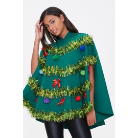 Springcmy Christmas Tree Poncho Costume Hooded Cape Cloak Cape Bow Ball Tinsel Hairballs Decor Green Xmas Party Tree Poncho (A-Green, M)