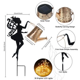 Ouddy Decor Fairy Garden Decor with Solar Watering Can, Metal Fairy Garden Statues with Hanging Lanterns Waterfall Lights Silhouette Waterproof Outdoor Decorative for Lawn Yard Pathway Gardening Gifts