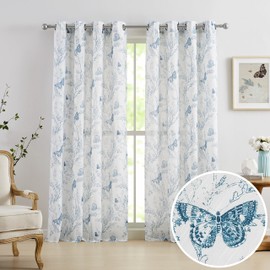 Jubilantex Butterfly Leaf Semi Sheer Curtains 95" L Curtain Panels for Kids Bedroom,Blue Print on White Light Filtering Window Drapes,Grommet Top