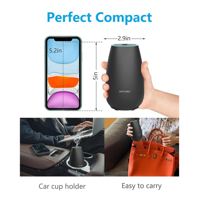 SOICARE 車用ディフューザー USBプラグイン ハンディ小型車用エッセンシャルオイルディフューザー かわいいポータブルディフューザー エッセンシャルオイル用ミニ超音波加湿器 小さなスペース用のUSBコード内蔵 エレガントなブラック