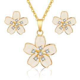 EVEVIC Fashion Cherry Blossom Necklace Earrings Set for Women 18K Gold Plated Hypoallergenic Sakura Flower Jewelry Sets (White)