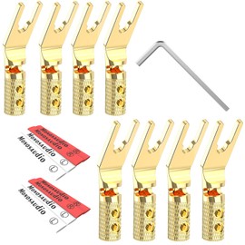 Monosaudio Speaker Fork Connector 8 Pieces Y Flat Connector Screw Lock Pure Copper Gold-Plated Cable Lugs with Allen Key Fork Spade Connector for Speaker Cable up to 4.5 mm