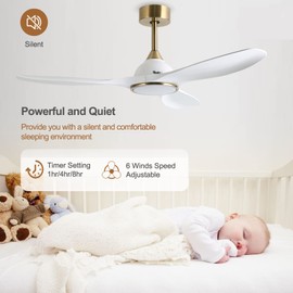 Fanliving 52 Inch 6 Speed High CFM Quiet DC Motor Modern Ceiling Fan with Lights Remote Control, 3 Blade White Gold Indoor Bedroom Living Room Ceiling Fan | Fanliving