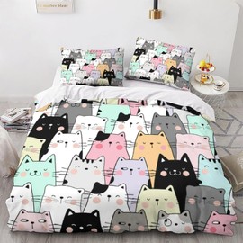Tabeskly Kids Girls Cartoon Cat Cute Soft Zipper Bed Bedding Duvet Cover Set Double Multicolor 200×200cm