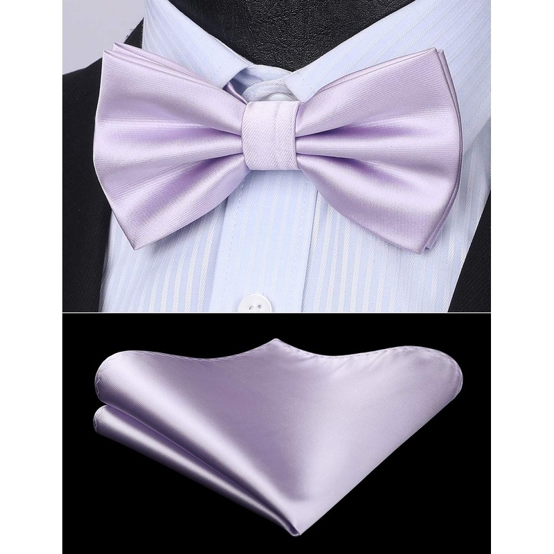 HISDERN Men's Bow Pocket Square Set Plain Pre-Tied Fly Handkerchief