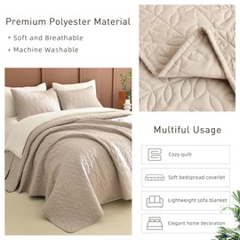 Masaca Oversized King Bedspread Quilt 120x120,Linen Colored Leaf Pattern Quilt Set 3Pcs Extra Large Farmhouse Lightweight King Quilt Bedding Set for All Season