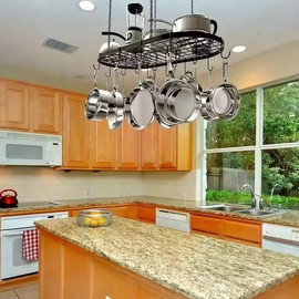 Black Hanging Pot and Pan Rack Organizer - Space-Saving Ceiling Mount Cookware Storage Rack over Kitchen Island with 2 Heavy-Duty Swag Hangers and 15 S-Hooks; Bonus - 2 Heat Resistant Oven Mitts