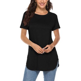 Newchoice Tunic Tops for Leggings for Women Short Sleeve Curve Hem Long Shirts (M,Black)