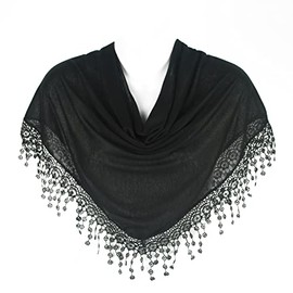 Hat To Socks Triangle Scarf with Bobbin Lace Fringes for Women (Black)