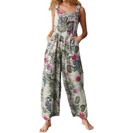 Fiona Jolin Overalls Women Summer Boho Floral Loose Wide Leg Jumpsuits with Pockets Patchwork Bib Overalls (#2 White-M)