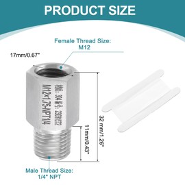 sourcing map Pipe Fitting Reducing Adapter, 1/4" NPT Male x M12 Female 304 Stainless Steel Reducer Connector for Water Oil Air Pressure Gauge, Silver