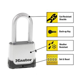 Master Lock Silver Outdoor Combination Lock, Heavy Duty Weather Resistant Padlock with Resettable Code and Cut Resistant Boron Carbide Shackle for Outdoor Use, M176XDLH