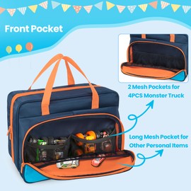 CURMIO Carrying Case Compatible with Monster Jam Trucks, Toy Cars Organizer Storage for 1:64 Scale Monster Truck, Holds Up to 34 Toy Trucks, Dark Blue (Bag Only)