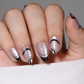 Glitter Press on Nails Medium Almond Fake Nails Press ons with Designs Black Swirl False Nails Bling Glossy Full Cover Glue on Nails Gel Acrylic Artificial Stick on Nails for Women Manicure 24Pcs