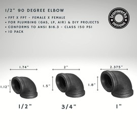 Ironwerks Designs 1/2" Elbow, 90 Degree Black Pipe Fittings - Decorative Pipe Décor, Metal Pipe Furniture [10-Pack]
