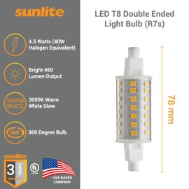 Sunlite LED T8 Double Ended Light Bulb (R7s) 78 MM, 4.5 Watts (40W Halogen Equivalent) 460 Lumen, 6 Pack, 3000K Warm White, UL Listed