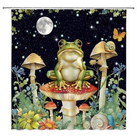 Funny Frog Mushroom Shower Curtain Night Full Moon Starry Star Forest Sage Green Leaves Floral Snail Butterfly Botanical Rustic Plant Fabric Bathroom Decor Curtains with Hooks,70 x 70