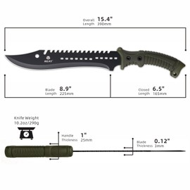REAT Machete with Shaeth,15" Hunting Knife with 420 Stainless Steel, Ergonomic No-Slip Rubber Handle, Machetes for Bushcraft, Survival, Hunting, Cutting Trees and Yard Work