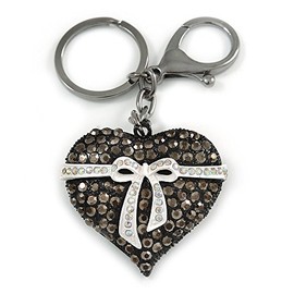 Avalaya Hematite Crystal with White Enamel Bow Puffed Heart Keyring/Bag Charm In Black Tone Metal - 10cm L