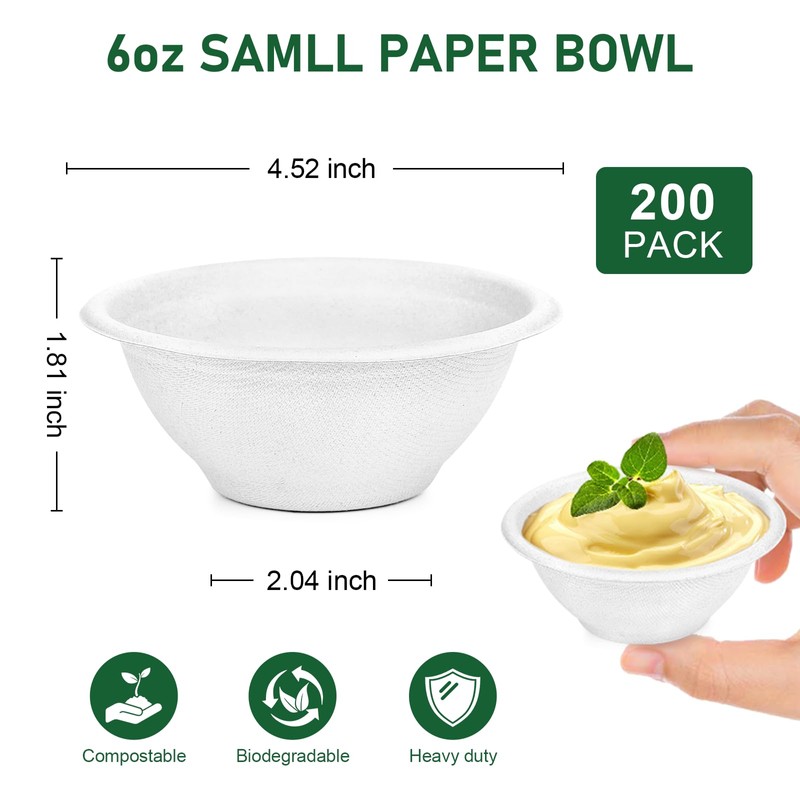 Bionutrio 6 oz Paper Bowls Compostable, 200 Pack Small Disposable