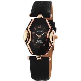 Akzent 1900103 Women's Watch Faux Leather Pin Buckle Analogue Quartz, Black Rose Gold, Strap.