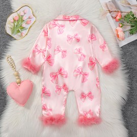 woshilaocai Baby Girl Button Down Romper Bow Strawberry Fuzzy Cuff Long Sleeve Jumpsuit Spring Summer Clothes (Pink Bow,3-6 Months)