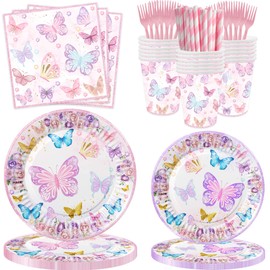316 Pcs Butterfly Birthday Party Decorations, Pink Butterfly Party Supplies Include Backdrop, Hanging Swirls, Plates, Tablecloth, Cupcake Toppers for Girls Baby Shower 1st 2nd 3rd Birthday Favors